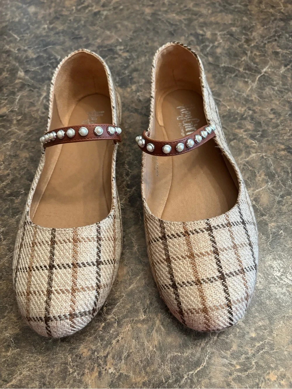 Pearl-Detail Plaid Mary Jane Tea Time Flats in Beige and Brown.  9